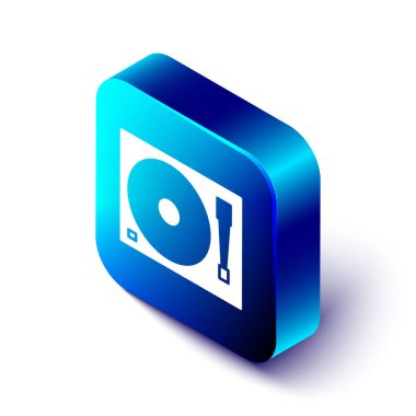 Beyaz arkaplanda izole edilmiş vinil disk simgesine sahip Isometric Vinyl oynatıcı. Mavi kare düğme. Vektör İllüstrasyonu