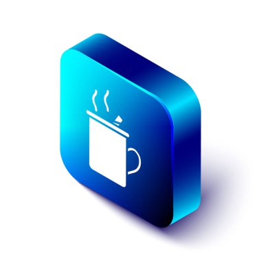 Beyaz arka planda izole edilmiş bir bardak içecek ve malzeme ikonu ile Isometric sıcak şarap. Tarçın çubuğu, karanfil, limon dilimi. Mavi kare düğme. Vektör İllüstrasyonu