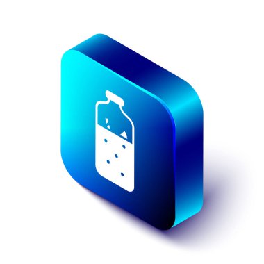 Beyaz arka planda izole edilmiş ikon içerikli Isome usulü sıcak şarap. Tarçın çubuğu, karanfil, limon dilimi. Mavi kare düğme. Vektör İllüstrasyonu