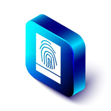 Beyaz arkaplanda Isometric Fingerprint simgesi izole edildi. Kimlik uygulaması simgesi. Kimlik işareti. Kimliğe dokun. Mavi kare düğme. Vektör İllüstrasyonu