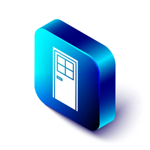 Isometrisches Symbol geschlossener Tür isoliert auf weißem Hintergrund. blauer quadratischer Knopf. Vektorillustration — Stockvektor