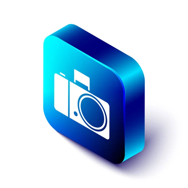 Isometric Photo camera icon isolated on white background. Foto camera icon. Blue square button. Vector Illustration — Stock Vector