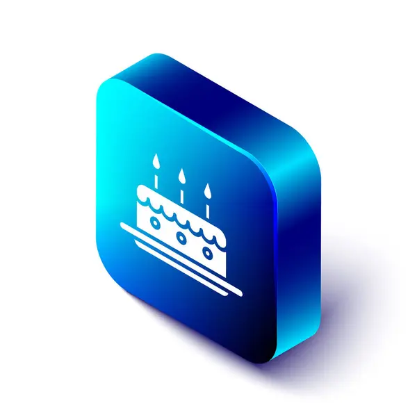 Tarta isométrica con icono de velas encendidas aisladas sobre fondo blanco. Feliz Cumpleaños. Botón cuadrado azul. Ilustración vectorial — Vector de stock