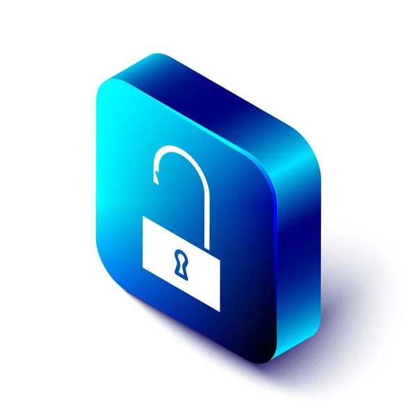 Isometrische Open hangslot pictogram geïsoleerd op witte achtergrond. Open slot bord. Cybersecurity concept. Digitale gegevensbescherming. Blauwe vierkante knop. Vector Illustratie — Stockvector