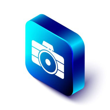 Beyaz arkaplanda izole edilmiş Isometric Fotoğraf Kamerası simgesi. Fotoğraf makinesi simgesi. Mavi kare düğme. Vektör İllüstrasyonu