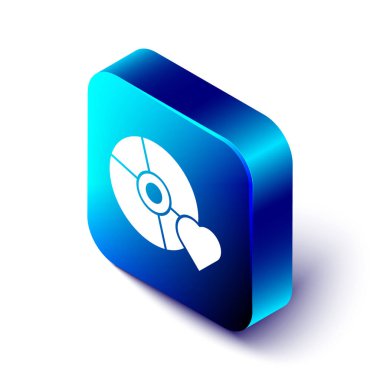 Küçük disk simgesi üzerindeki Isometric Yetişkin etiketi beyaz arkaplanda izole edildi. Yaş sınırlama sembolü. 18 artı içerik işareti. Yetişkin kanalı. Mavi kare düğme. Vektör İllüstrasyonu