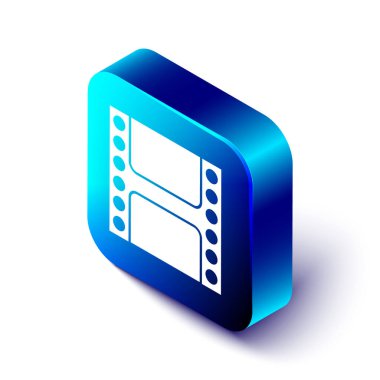 Beyaz arkaplanda Isometric Video simgesi izole edildi. Film şeridi tabelası. Mavi kare düğme. Vektör İllüstrasyonu