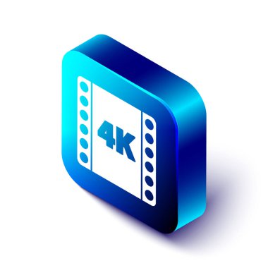 Beyaz arkaplanda Isometric 4k film, bant, çerçeve simgesi izole. Mavi kare düğme. Vektör İllüstrasyonu