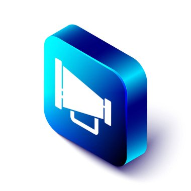 Isometric Megafon simgesi beyaz arkaplanda izole edildi. Sözcü işareti. Mavi kare düğme. Vektör İllüstrasyonu