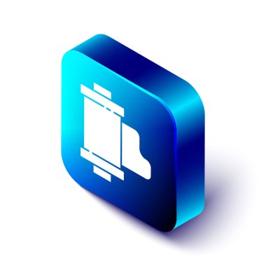 Beyaz arkaplanda izole edilmiş Isometric Camera klasik film rulo kartuş ikonu. 35 mm 'lik film kutusu. Film şeridi fotoğrafçı ekipmanı. Mavi kare düğme. Vektör İllüstrasyonu