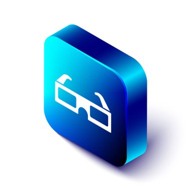 İzometrik 3d sinema gözlükleri simgesi beyaz arka plan üzerinde izole. Mavi kare düğmesi. Vektör İllüstrasyonu