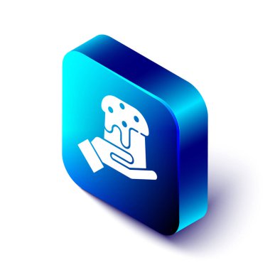 Isome insan eli ve beyaz arka planda izole edilmiş Paskalya pastası ikonu. Mutlu Paskalyalar. Mavi kare düğme. Vektör İllüstrasyonu