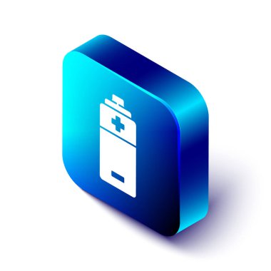 Beyaz arka planda yalıtılmış izometrik pil simgesi. Yıldırım sembolü. Mavi kare düğmesi. Vektör Illustration