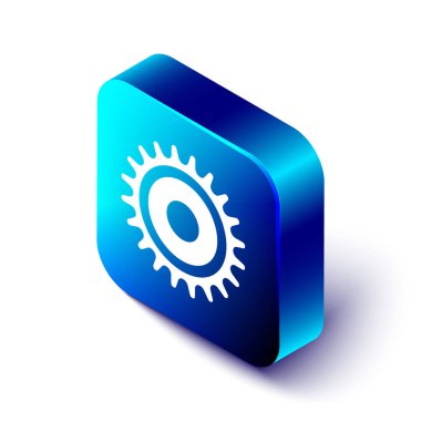 İzometrik Dairesel testere bıçak simgesi beyaz arka plan üzerinde izole. Testere tekerleği. Mavi kare düğmesi. Vektör İllüstrasyonu