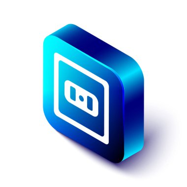 Isometric Electrical outlet simgesi beyaz arkaplanda izole edildi. Elektrik prizi. Rosette sembolü. Mavi kare düğme. Vektör İllüstrasyonu