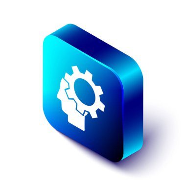 Beyaz arka planda izole edilmiş ikon içerisindeki teçhizatlı Isometric insan kafası. Yapay zeka. Düşünen beyin. Beynin sembol çalışması. Mavi kare düğme. Vektör İllüstrasyonu