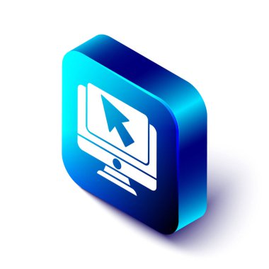 Isometric Bilgisayar monitörü ve imleç simgesi beyaz arkaplanda izole edildi. Boş ekran işaretli bilgisayar defteri. Mavi kare düğme. Vektör İllüstrasyonu