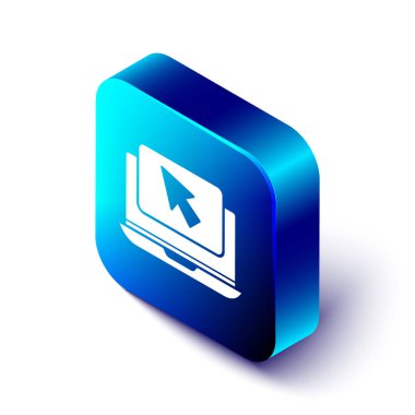 İzometrik dizüstü bilgisayar ve imleç simgesi beyaz arkaplanda izole edildi. Boş ekran işaretli bilgisayar defteri. Mavi kare düğme. Vektör İllüstrasyonu