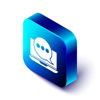 Laptop simgesindeki Isometric New chat mesajları bildirimi beyaz arkaplanda izole edildi. Smartphone sohbet mesajları konuşma baloncukları. Mavi kare düğme. Vektör İllüstrasyonu