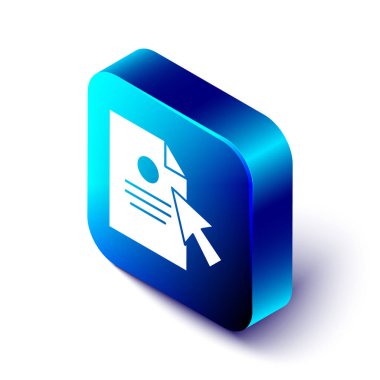 Beyaz arkaplanda Isometric Belge ve imleç simgesi izole edildi. Dosya simgesi. Kontrol listesi simgesi. İş konsepti. Mavi kare düğme. Vektör İllüstrasyonu