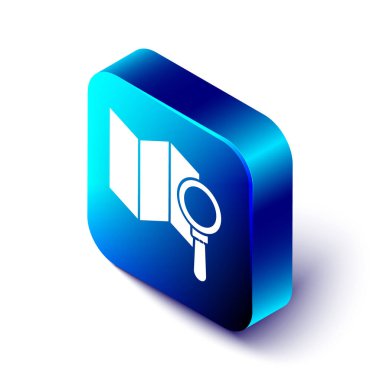 Beyaz arka planda yalıtılmış izometrik arama konumu simgesi. İşaretçi işareti ile büyüteç. Mavi kare düğmesi. Vektör Illustration