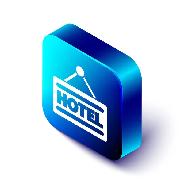 Isometrica cartello pubblicità esterna con testo icona dell'hotel isolato su sfondo bianco. Pulsante quadrato blu. Illustrazione vettoriale — Vettoriale Stock
