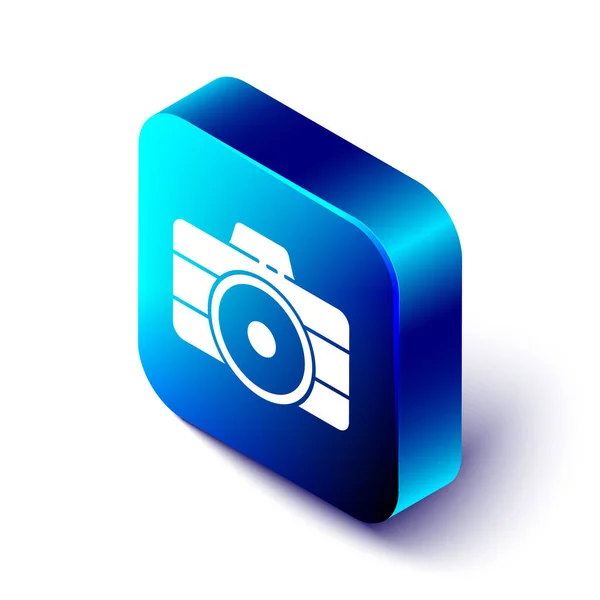 Isometric Photo camera icon isolated on white background. Foto camera icon. Blue square button. Vector Illustration — Stock Vector