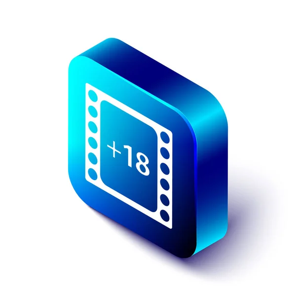 Isometric Play Video with inscription 18 plus content icon isolated on white background. Age restriction symbol. Adult channel. Blue square button. Vector Illustration — Stock Vector