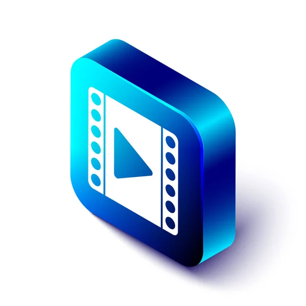 Isometrisches Play Video-Symbol isoliert auf weißem Hintergrund. Filmstreifenschild. Blauer quadratischer Knopf. Vektorillustration — Stockvektor