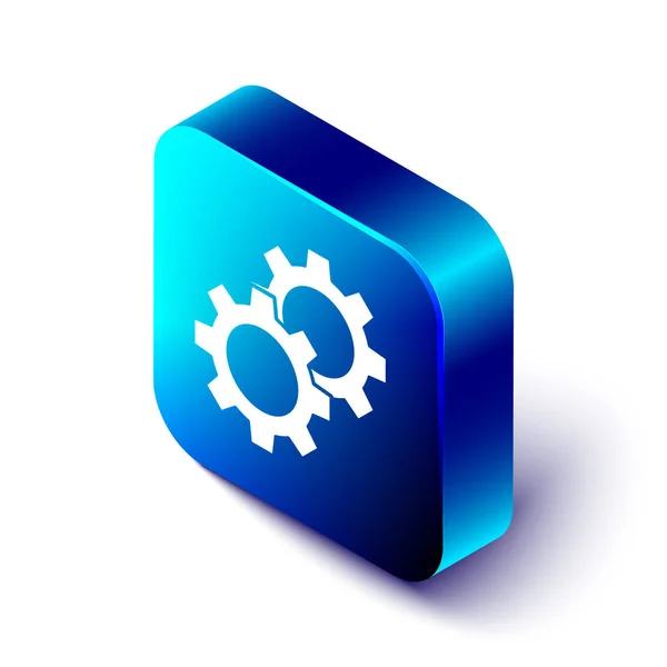 Isometric Gear icon isolated on white background. Cogwheel gear settings sign. Cog symbol. Blue square button. Vector Illustration — Stock Vector