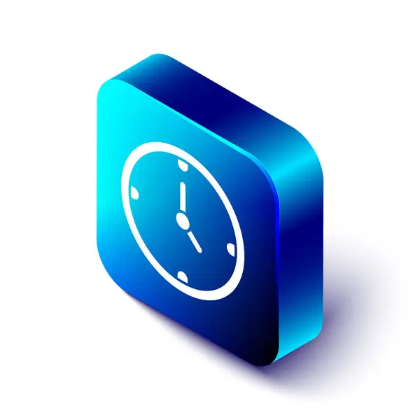 Ícone de relógio isométrico isolado no fundo branco. Símbolo temporal. Botão quadrado azul. Ilustração vetorial — Vetor de Stock