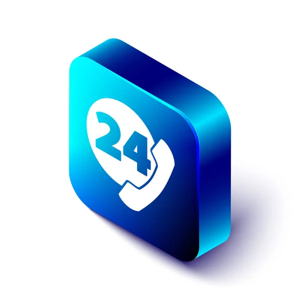 Isometrisches Telefon 24 Stunden Support-Symbol isoliert auf weißem Hintergrund. ganztägiges Kundendienst-Call-Center. Vollzeit-Rufdienste. blauer quadratischer Knopf. Vektorillustration — Stockvektor