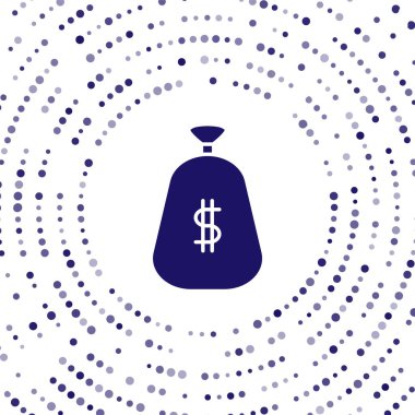 Mavi Para Çantası simgesi beyaz arkaplanda izole edildi. Dolar ya da USD sembolü. Nakit bankacılık tabelası. Soyut çember rastgele noktalar. Vektör İllüstrasyonu