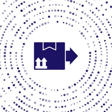 Beyaz zemin üzerinde trafik sembolü simgesi olan mavi karton kutu. Kutu, paket, paket. Teslimat, ulaşım ve nakliye. Soyut çember rastgele noktalar. Vektör İllüstrasyonu