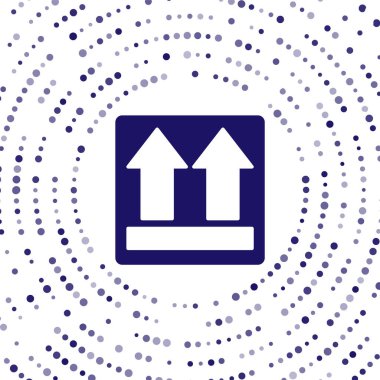 Mavi Bu taraf beyaz arkaplanda izole edilmiş bir simge. Paketin üst tarafını gösteren iki ok. Kargo halledildi. Soyut çember rastgele noktalar. Vektör İllüstrasyonu