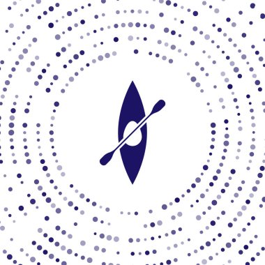 Mavi kano ve kürek simgesi beyaz arkaplanda izole edildi. Balıkçılık ve turizm için kano. Açık hava aktiviteleri. Soyut çember rastgele noktalar. Vektör İllüstrasyonu