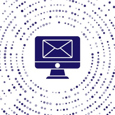 Mavi monitör ve zarf, yeni mesaj, beyaz arkaplanda izole edilmiş posta simgesi. E-posta bültenleri, başlıklar, blog yazıları için kullanım. Soyut çember rastgele noktalar. Vektör İllüstrasyonu