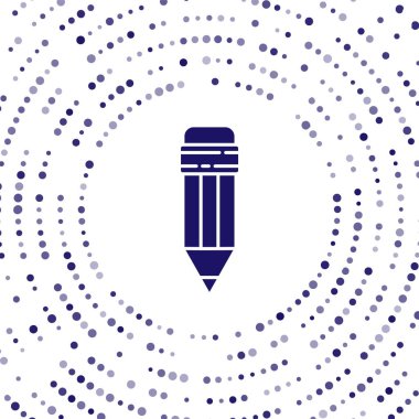 Beyaz arkaplanda silgi simgesine sahip Mavi Kalem. Çizim ve eğitim araçları. Okul sembolü. Soyut çember rastgele noktalar. Vektör İllüstrasyonu