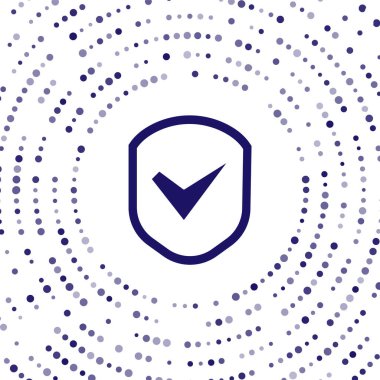 Beyaz arkaplanda işaretleme simgesi olan Mavi Kalkan. Güvenlik, güvenlik, koruma, gizlilik kavramı. Kene izi onaylandı. Soyut çember rastgele noktalar. Vektör İllüstrasyonu