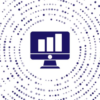 Beyaz arkaplanda izole edilmiş grafik grafik simgesi olan mavi bilgisayar monitörü. Metin dosyasını rapor et. Muhasebe tabelası. Denetim, analiz, planlama. Soyut çember rastgele noktalar. Vektör İllüstrasyonu