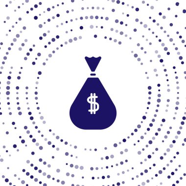 Mavi Para Çantası simgesi beyaz arkaplanda izole edildi. Dolar ya da USD sembolü. Nakit bankacılık tabelası. Soyut çember rastgele noktalar. Vektör İllüstrasyonu