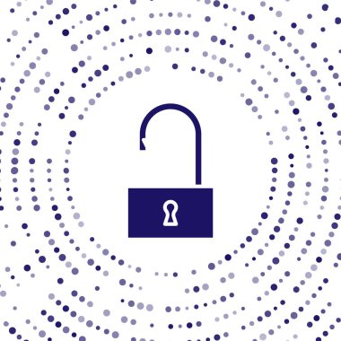 Mavi Açık asma kilit simgesi beyaz arkaplanda izole edildi. Kilit açık işareti. Siber güvenlik kavramı. Dijital veri koruması. Soyut çember rastgele noktalar. Vektör İllüstrasyonu