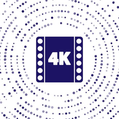 Mavi 4K film, bant, çerçeve simgesi beyaz arka planda izole edilmiş. Soyut çember rastgele noktalar. Vektör İllüstrasyonu