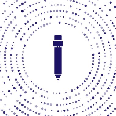 Beyaz arkaplanda silgi simgesine sahip Mavi Kalem. Çizim ve eğitim araçları. Okul sembolü. Soyut çember rastgele noktalar. Vektör İllüstrasyonu