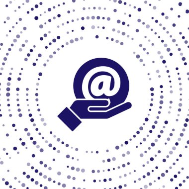Mavi E- posta ve el simgesi beyaz arkaplanda izole edildi. Zarf sembolü e-postası. E- posta kodu. Soyut çember rastgele noktalar. Vektör İllüstrasyonu