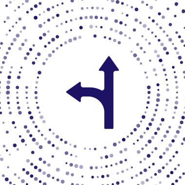 Mavi Yol trafik tabelası. Beyaz arkaplanda sinyal simgesi izole edildi. İşaretçi sembolü. İzole sokak bilgi levhası. Yön tabelası. Soyut çember rastgele noktalar. Vektör İllüstrasyonu