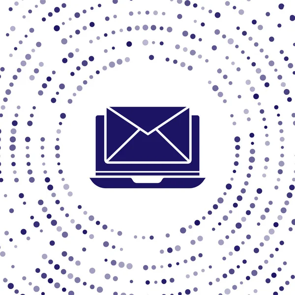 Laptop azul com envelope e e-mail aberto no ícone de tela isolado no fundo branco. E-mail marketing, conceitos de publicidade na internet. Pontos aleatórios de círculo abstrato. Ilustração vetorial — Vetor de Stock