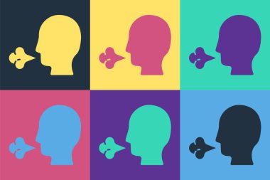 Pop Art Man 'in öksürük ikonu renkli arka planda izole edilmiş. Viral enfeksiyon, grip, grip, soğuk algınlığı semptomları. Tüberküloz, kabakulak, boğmaca. Vektör İllüstrasyonu.