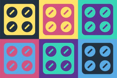 Popüler sanat hapları renkli arka planda izole edilmiş su toplayıcı ikonunda. İlaç paketi. Tablet, vitamin, antibiyotik, aspirin. Vektör İllüstrasyonu