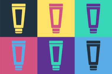 Pop sanat kremi ya da losyon kozmetik tüp ikonu renkli arka planda izole edilmiş. Erkekler için vücut bakım ürünleri. Vektör İllüstrasyonu